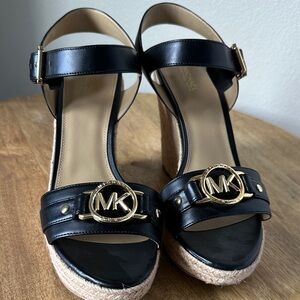 Michael Kors Black Leather Espadrille Wedges with Gold MK Emblem